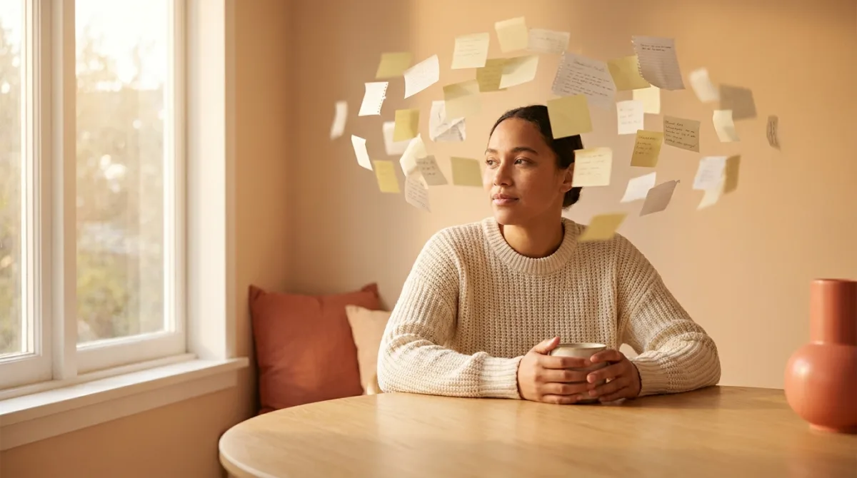 A person in a cream sweater sits calmly at a kitchen table with a mug of coffee while a cloud of handwritten sticky notes and reminders floats above their head, illustrating the mental load of homeownership.
