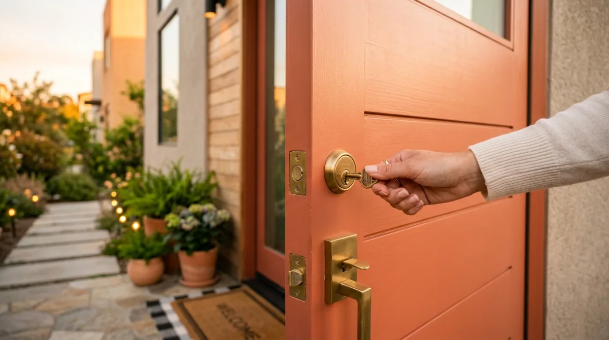 A new homeowner's hand turning the key in their front door, beginning their first year of caring for the house.