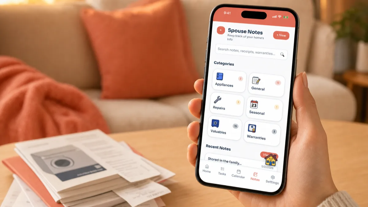 A hand holding a phone showing the HouseSpouse Spouse Notes screen with categories for warranties, valuables, appliances, and receipts, beside a small stack of home paperwork on a table.