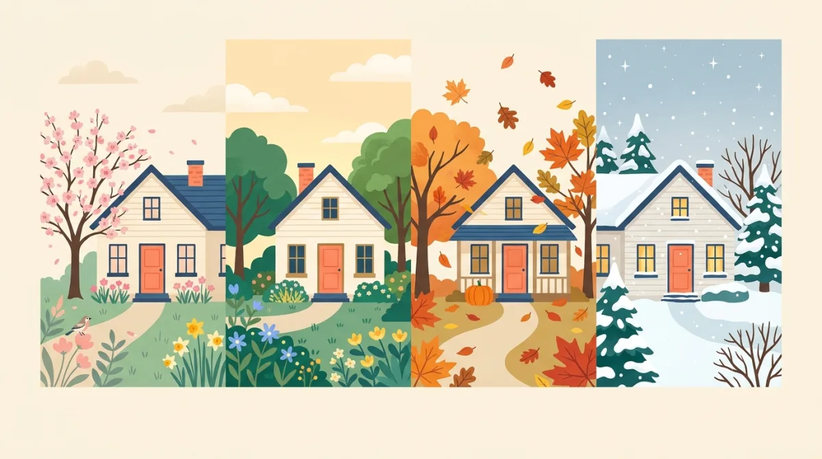 A well-kept home through spring, summer, fall, and winter, illustrating a year-round maintenance routine.