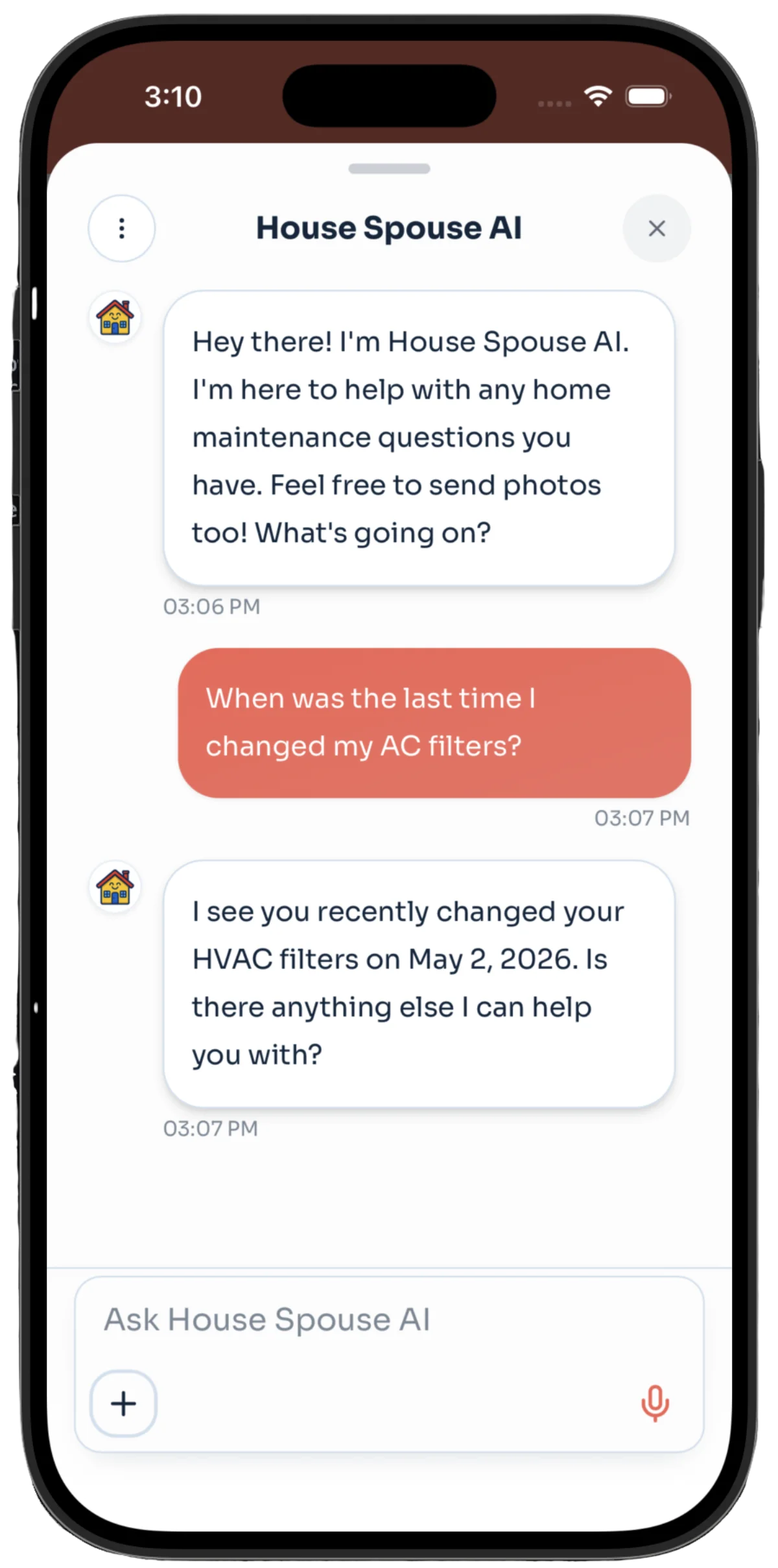 HouseSpouse AI chat answering a home maintenance question about HVAC filters