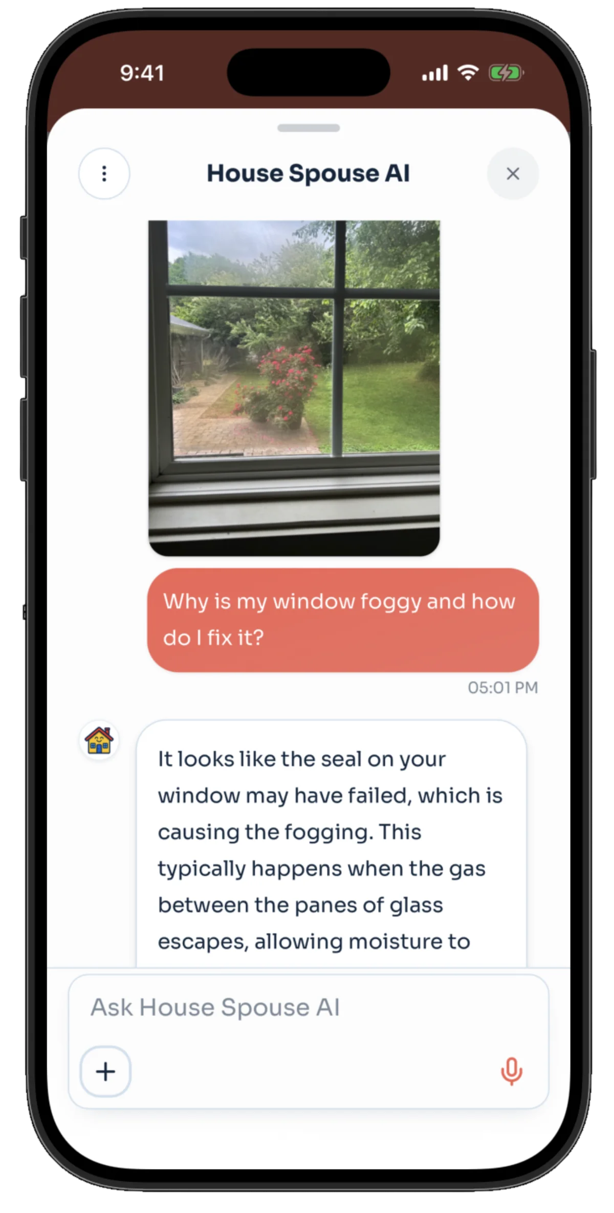 HouseSpouse AI diagnosing a foggy double-pane window from a user-submitted photo